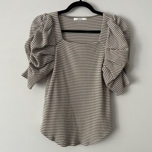 Snidel Striped Puff Sleeve Knit Top One Size Square Neck 100% Cotton Minimalist